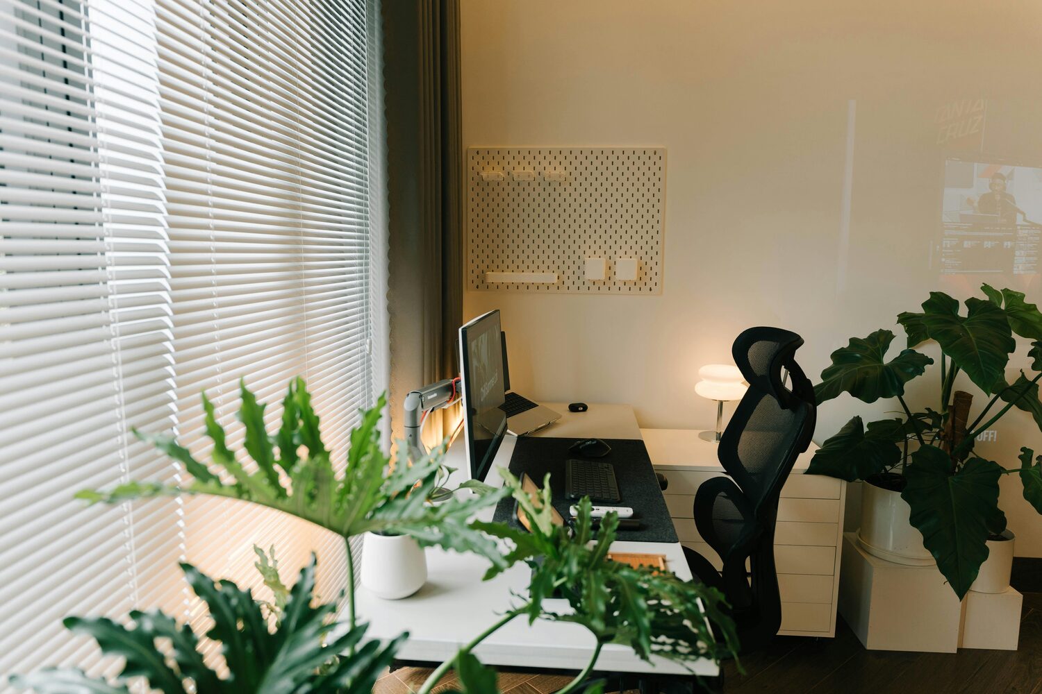 A bright, plant-filled home office arranged for secure telehealth visits